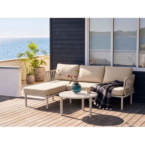 Conjunto de exterior derecho sofá esquinero con mesa 3 plazas estructura de metal tablero de vidrio templado gris pardo Orte (1/5)