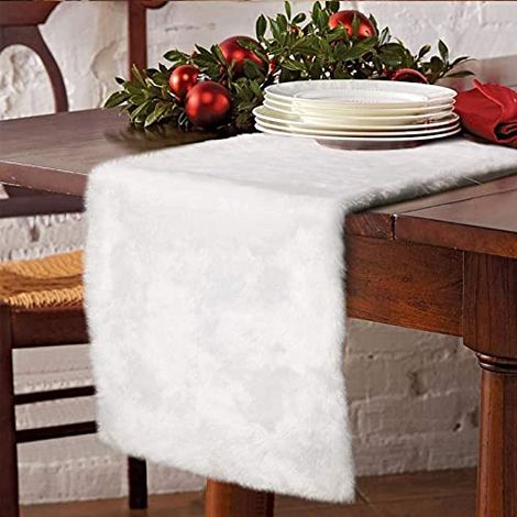 Chemin de Table de Noël Blanc en Fausse Fourrure, Nappe pour Décoration, 38 x 180 cm (1/5)