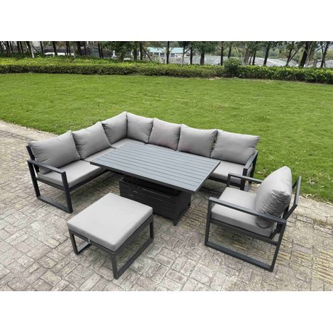 Fimous Aluminium Garden Furniture Sets,8 Seater Outdoor Conversational Dining Set with Adjustable Rising Lifting Dining Table Cushions for Yard,Poolside, Patio, Dark Grey (1/5)