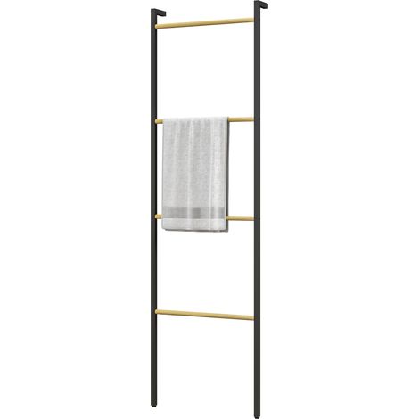 Porte-serviettes mural pour salle de bain avec 4 barres en bambou et structure en acier, 49 x 5,5 x 167,5 cm, noir et naturel (1/5)