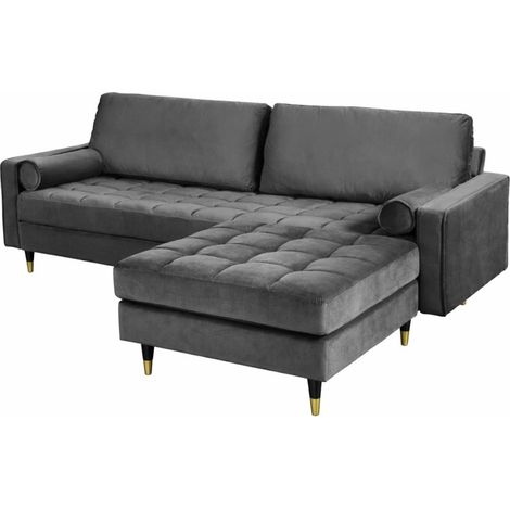 Divano ad angolo reversibile KOLIRI grigio – Divano design in velluto con pouf abbinato