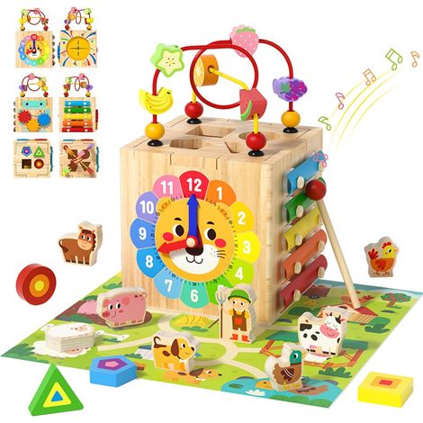 Cube d'Activités Montessori 7-en-1, Jouet d'Éveil en Bois pour Bébé dès 1 an avec Xylophone, Trieur de Formes, Horloge & Labyrinthe de Perles – Cadeau Anniversaire Noël (1/5)