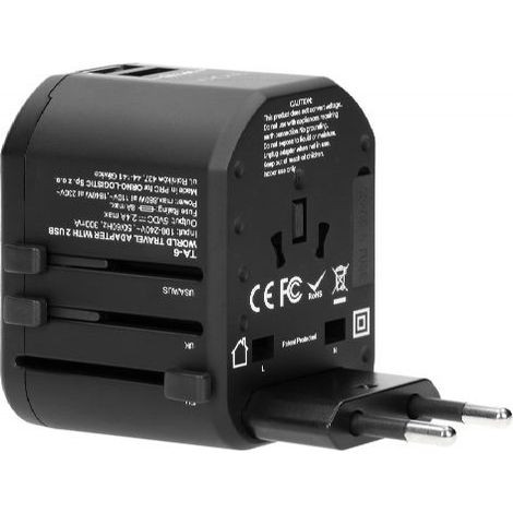 ADAPTADOR ENCHUFES DE VIAJE UNIVERSAL + 2 USB GOWORLD TA-6 (1/3)