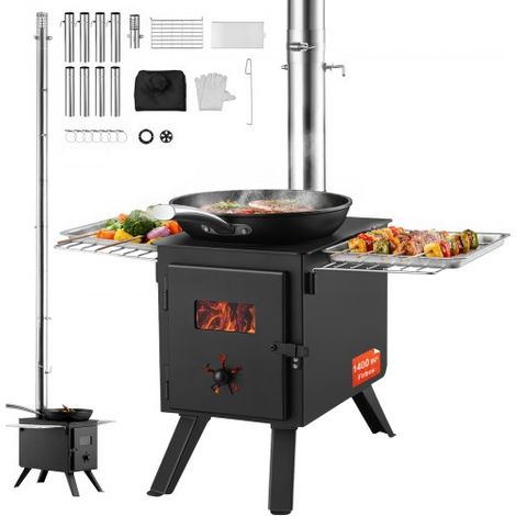 Poêle à bois, 218,4 cm, poêle de tente de camping en acier allié portable avec 8 tuyaux de cheminée et gants, poêle de tente chaude pour la cuisine et le chauffage en plein air (1/4)