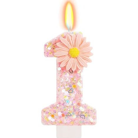 Bougie Anniversaire 1 An Fille Rose Fleur Marguerite Chiffre 1 Pailletée 7cm Socle Décoration Gâteau Anniversaire Bébé Fille (1/5)