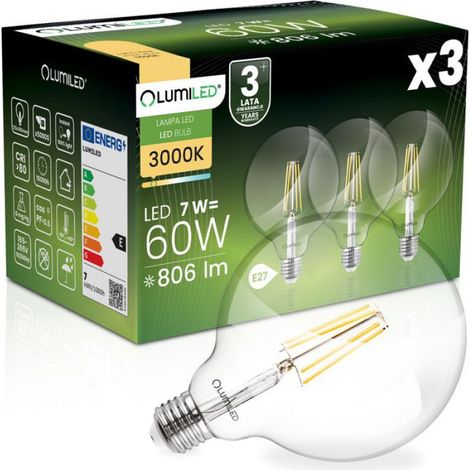 Ampoule LED G125 E27 - 7 W - 806 lm - 3000 K - Diffusion 360° - Blanc Chaud - Lot de 3 (1/5)
