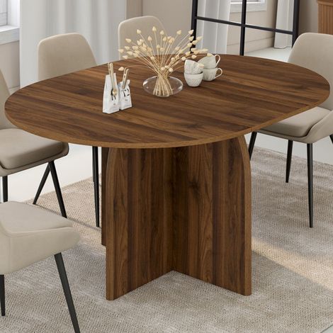 Mesa de comedor redonda extensible de estilo <> EDITH, para 4-8 personas, con pata central de diseño redondeado en nogal, (1/5)