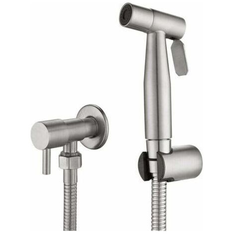 Douchette Wc Kit Complet - Kit Douchette Wc avec Vanne 3 Voies (1/2"-3/8") I Tailles Standards France (Argent)