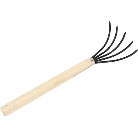 Râteau de jardin à main, 5 dents en acier, manche en bois, design ergonomique, cultivateur à griffes pour labourer et ameublir le sol. (1/5)
