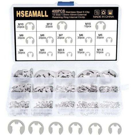 400PCS 13Size En Acier Inoxydable E-Clip Anneau De Retenue Externe Snap Kit De Assortiment Anneau Anneau De Circlips Interne 1.5 / 2 / 2.5 / 3/4/5/6/7/8/9/10/12 / 15mm Avec Boîte En Plastique, (1/4)