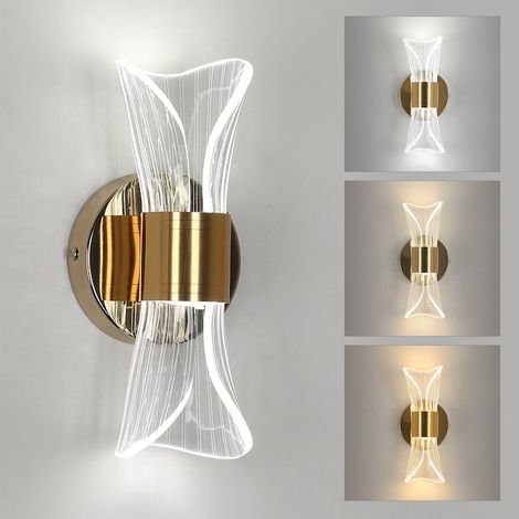 Lampada da parete per interni con LED regolabili, 3000K/4500K/6500K, Toolight, 12W, 22x10x8cm, illuminazione moderna in acrilico, oro, camera da letto, soggiorno, corridoio, scale. (1/5)