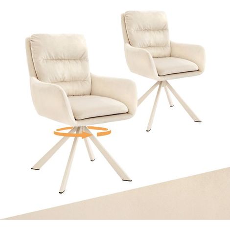 Bon Furni Velours Chaise de salle à manger Blanc Ivoire, Lot de 2, pivotante 360°, dossier segmenté, accoudoirs et pieds blancs assortis (1/5)