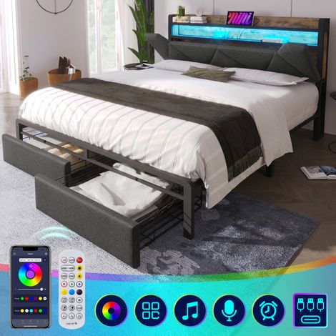Lit double 140x200 – USB-C – Tête rangement – LED + tiroirs – Sommier métal – Gris – Sans matelas (1/5)