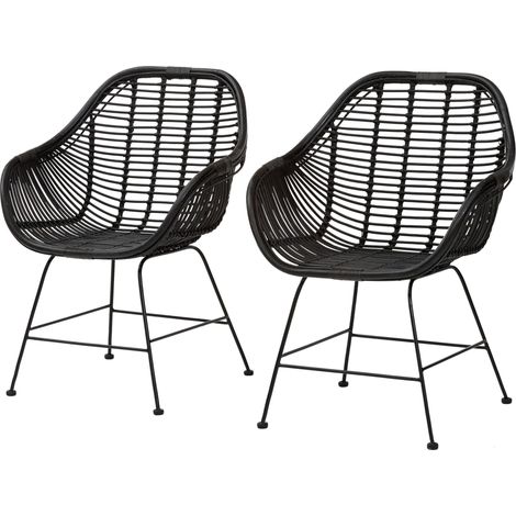 Kiran-Ensemble de 2 chaises de salle à manger en rotin noir