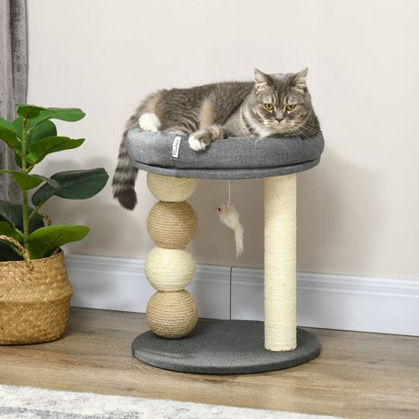 Árbol Rascador para Gatos Pequeño Torre para Gatos con Nido 4 Bolas y Poste de Sisal Carga 15 kg Ø40x48 cm Gris y Beige (1/5)