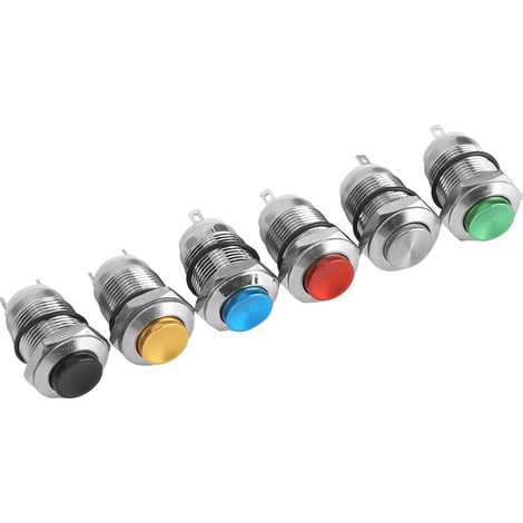 Lot de 6 boutons-poussoirs métalliques IP67 étanches 12mm sans lumière, broches 2 pins, couleurs : rouge, vert, jaune, bleu, noir, métallique. (1/3)