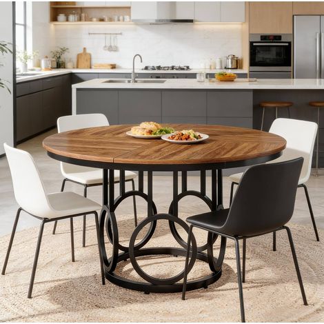 Mesa de comedor redonda 120/120/75 cm en negro y nogal, de MDF y metal, estilo moderno clásico (1/5)