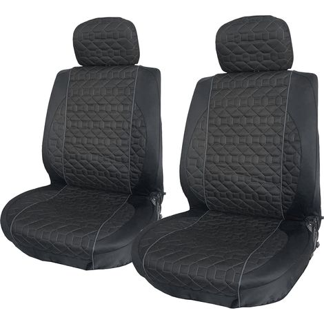 Lupex Shop – Coprisedili universali per auto, coppia anteriore, Tessuto in Gambardina, Poggiatesta fisso o rimovibile (Nero con linea Grigia) (1/5)