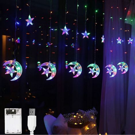 LED-Lichterkette mit Mond- und Sternenmotiv für Fenstervorhänge, batterie- oder USB-betrieben, für Schlafzimmer, Partys drinnen und draußen (1/5)