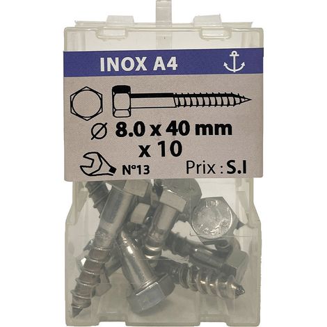 10 vis à bois 8 x 40mm tête hexagonale inox A4 - Vissal
