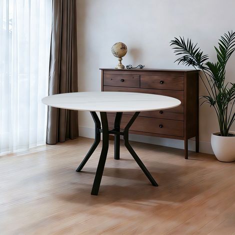 Tavolo Rotondo Aurora Ø120 con Piano Ceramica Bianco Lucido e Struttura Nera – Eleganza Moderna (1/5)