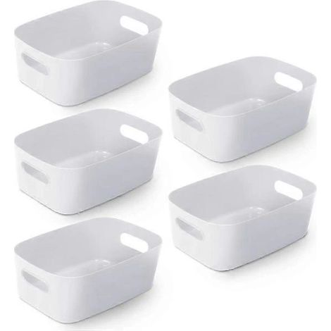 Lot de 5 paniers de rangement blancs en plastique pour studio, contenants portables avec poignées pour le rangement et l'organisation à la maison et au bureau. (1/4)