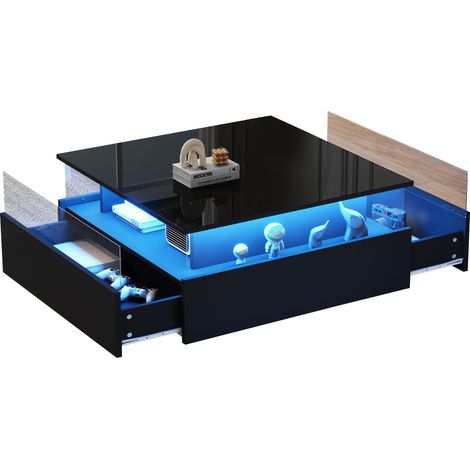 Table de salon LED de haute qualité, moderne. dimensions : 70×70×41 cm. La table dispose de 2 tiroirs et d’un espace transparent pour ranger des objets. Capacité de charge jusqu’à 30 kg. Idéale pour l (1/5)
