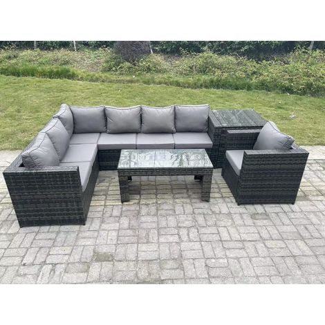 Fimous 7 Seater Rattan Corner Sofa Lounge Sofa Set With Rectangular Coffee Table With Arm Chair And Side Table Dark Grey Mixed Left Hand (1/5)
