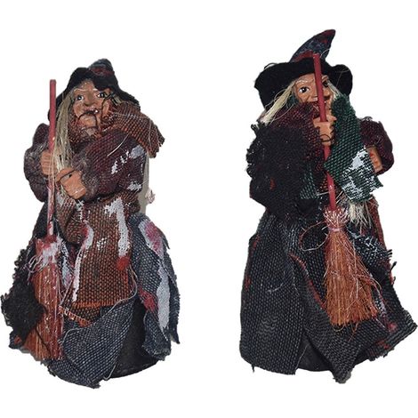 Set da 2 Befana strega con scopa porta doni addobbi halloween natale bambini decorazioni natalizie pupazzo bambola statua cm 18 (1/5)