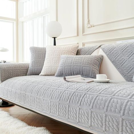 Super Soft Thick Sofa Cover for 1/2/3/4 Seater L-Shaped Corner Sofas, Universal Non-Slip Protective Sofa Cover for Living Room (Light Grey Velvet, 1 PC 90 x 180cm) (1/4)