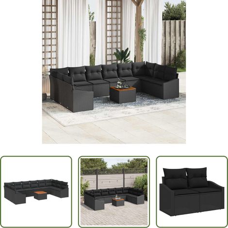 vidaXL Canapé en poly rattan - Ensemble de canapé de jardin avec coussin 11 pcs Noir polyrotin (1/5)