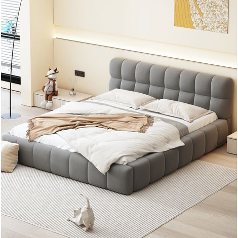 lit double adulte rembourré 140x190 tissu gris OKMYHOME (1/5)