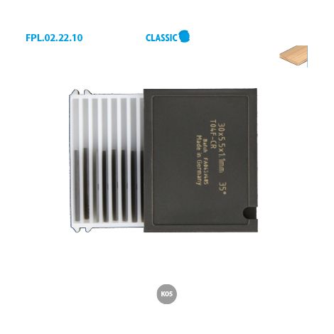 Lot de 10 mini plaquettes carbure avec rainure sur grande face - 35° KO5 40x5,5x1,1 mm 2 coupes pour bois - 02.2203.2 - Leman (1/2)
