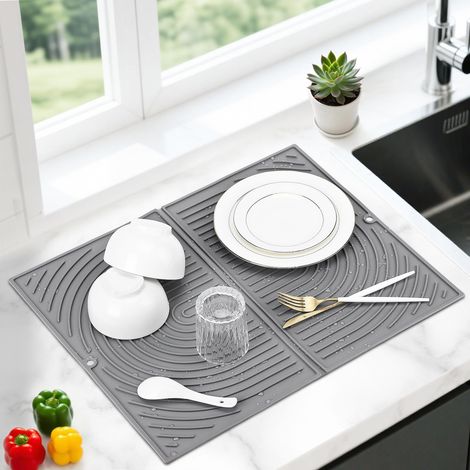 Tapis Égouttoir Vaisselle Silicone, Grand Tapis Vaisselle Absorbant pour Cuisine, Tapis de Séchage Pliable, Tapis Evier Antidérapant, Résistant à la Chaleur, 51×41cm (Gris) (1/5)