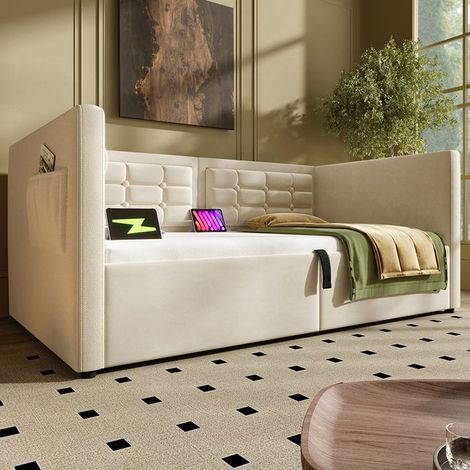 Canapé-lit - SINGULARITY - LIT GIGOGNE 90x200 cm - Velours beige - Rangement hydraulique - Station USB/Type-C