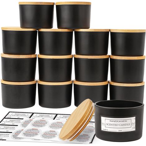 Lot de 15 pots à bougie en verre noir mat de 113 g avec couvercles hermétiques en bambou, conteneurs vides à bougie de petite taille à ouverture large avec étiquettes d'avertissement adhésives (1/5)