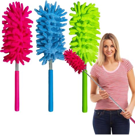 Plumeau à poussière en microfibre avec tige télescopique – Lot de 3, élimine la poussière et les taches sur fenêtres et meubles (1/5)