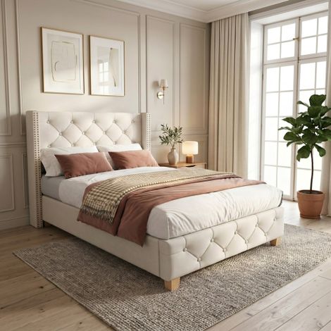 Cama tapizada de 90200 cm con somier de láminas y cabecero, tapicería con botones y tachuelas, patas de madera, lino, color beige (SKU ANTIGUO: 3099934AAA) (1/5)