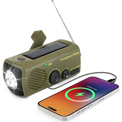 Radio solaire d'urgence , radio portable à manivelle avec AM/FM, batterie externe rechargeable 3000 mAh, alarme SOS, lampe torche LED, chargeur USB pour téléphone portable, pour camping et randon (1/5)