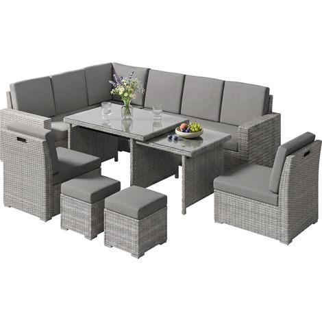 Light Grey 7-Piece Rattan Garden Sofa Set with Expanding Table 190 x 80 x 81 cm (1/5)