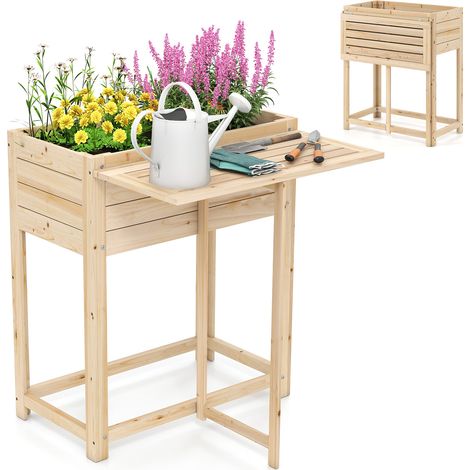 Jardinière Surélevée en Bois avec Pieds, Lit de Jardin avec Tablette Latérale Pliable Drainage, Bac à Plantes pour Fleur Légume Fruits, 63 x 67 x 74cm (1/5)