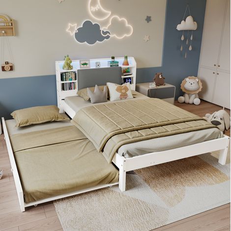 Cama de madera 120x200 cm con cama nido 90x190 cm, cabecero acolchado, blanco, OKWISH (1/5)