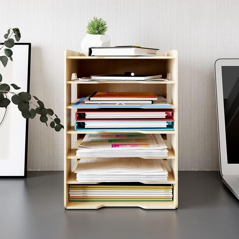 Organisateur de Fichier - 7 Niveaux - Bois - Rangement Vertical A4 - Bureau Maison École - Naturel