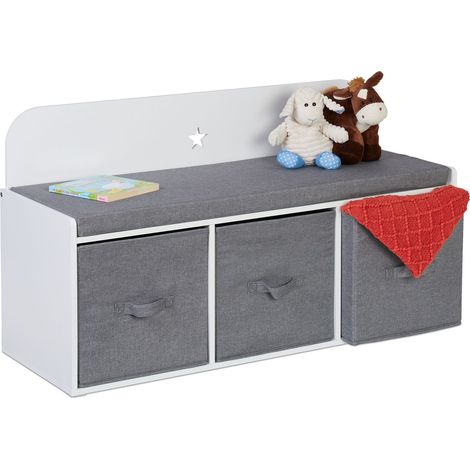 Relaxdays Children's Bench with Storage, HWD: 54 x 99 x 35 cm, for Kids' Room and Hallway, Upholstered, White/Grey