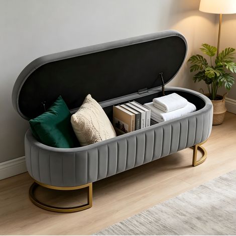 Banco de cama con almacenaje, tapizado de terciopelo, 130 cm, patas de metal dorado, gris claro (1/5)