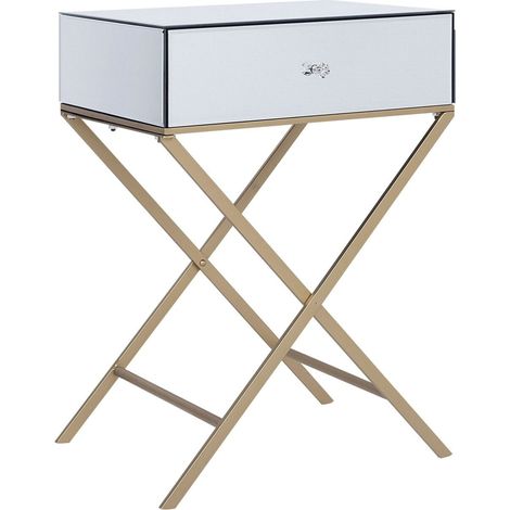 Side Table Silver Mirrored Top Gold Metal Legs 50 x 40 cm Modern Glam Style with 1 Drawer VIVY (1/5)