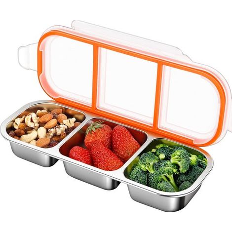 Boîte à snacks en acier inoxydable - 3 compartiments avec couvercle - Réutilisable - Gobelet à sauce - Pour école et déplacements - Contenant alimentaire (1/5)