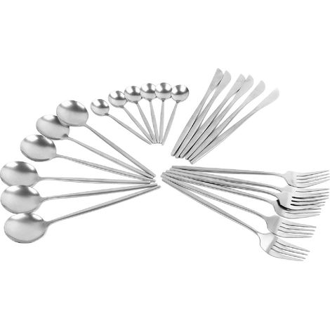 24-teiliges Edelstahl-Besteckset im altmodischen Stil, silberfarben, bestehend aus Löffeln, Gabeln und Messern. (1/5)