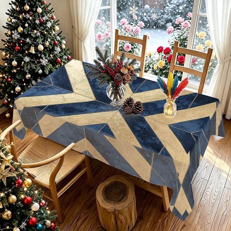 Nappe imprimée 2D à motif géométrique zigzag vintage bleu et or (1 pièce), élégante et décorative pour un dîner de Noël, une fête dans le jardin ou à la maison. (1/4)
