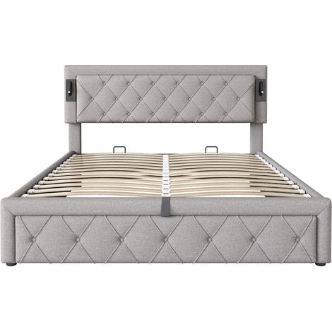 Cama tapizada con canapé 160x200 gris de lino con LED, puertos USB y somier HOMVRA (1/5)